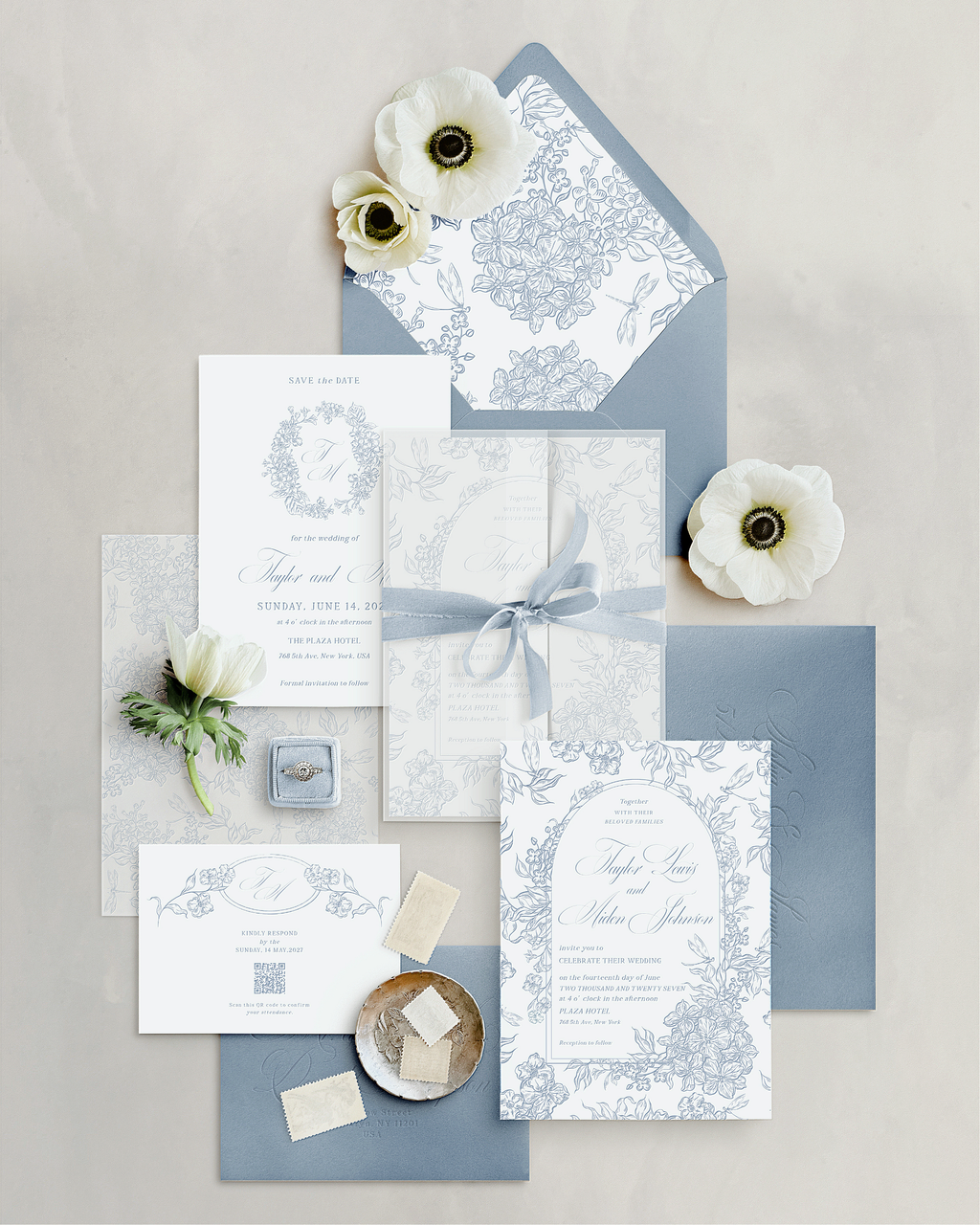 Partecipazioni di Nozze Fiori Vintage Blu Polvere