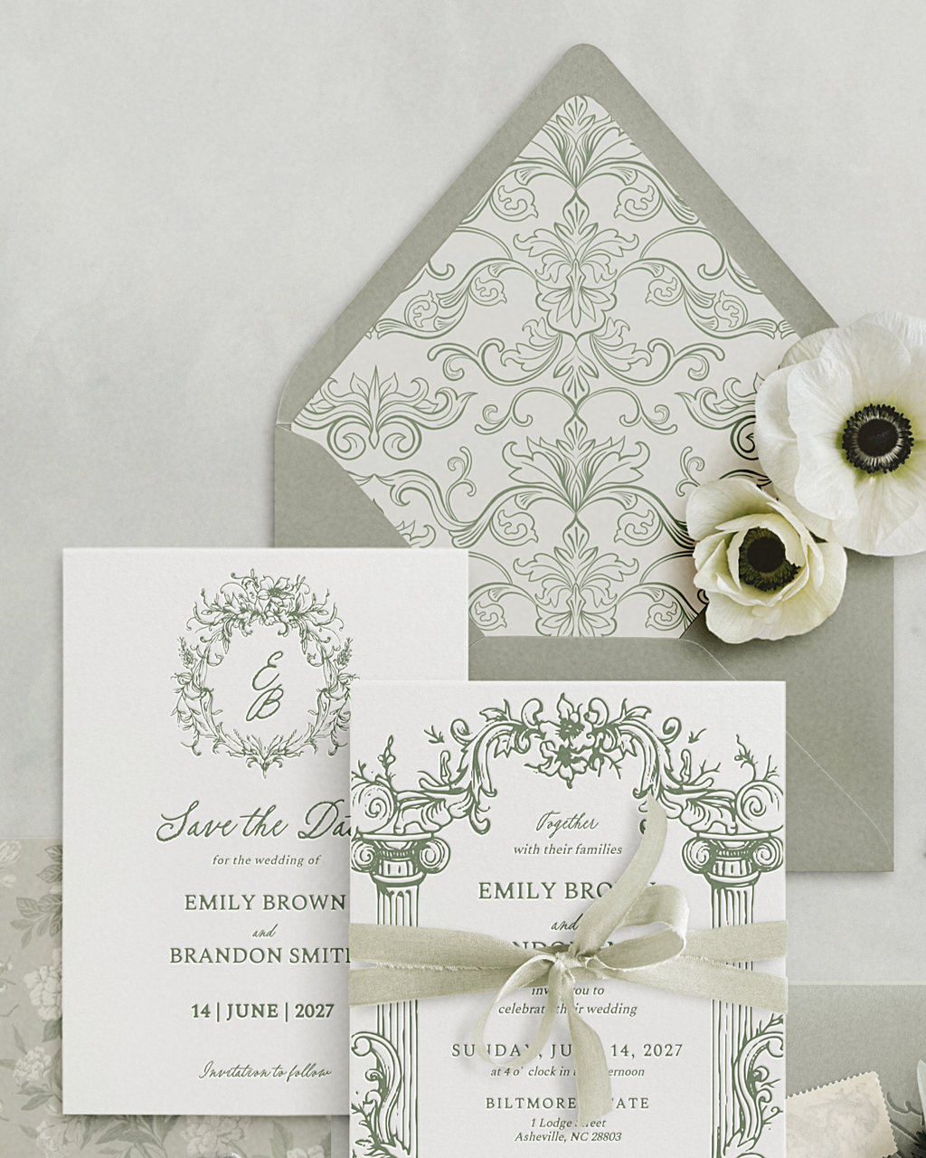 Set di inviti di matrimonio Vintage Verde Salvia