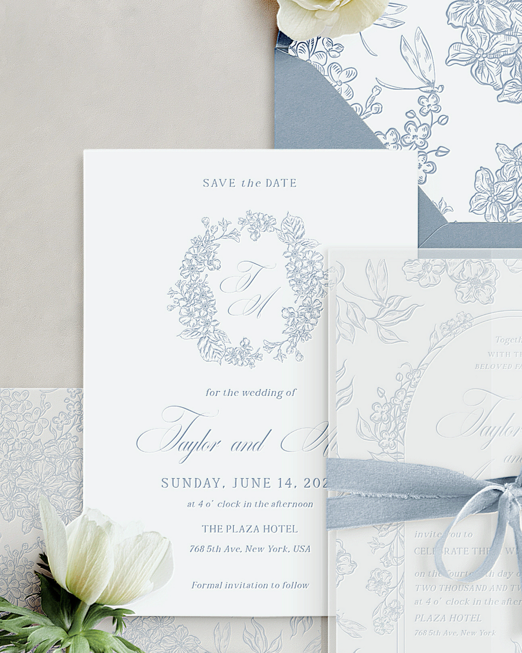 Partecipazioni di Nozze Fiori Vintage Blu Polvere