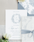 Partecipazioni di Nozze Fiori Vintage Blu Polvere
