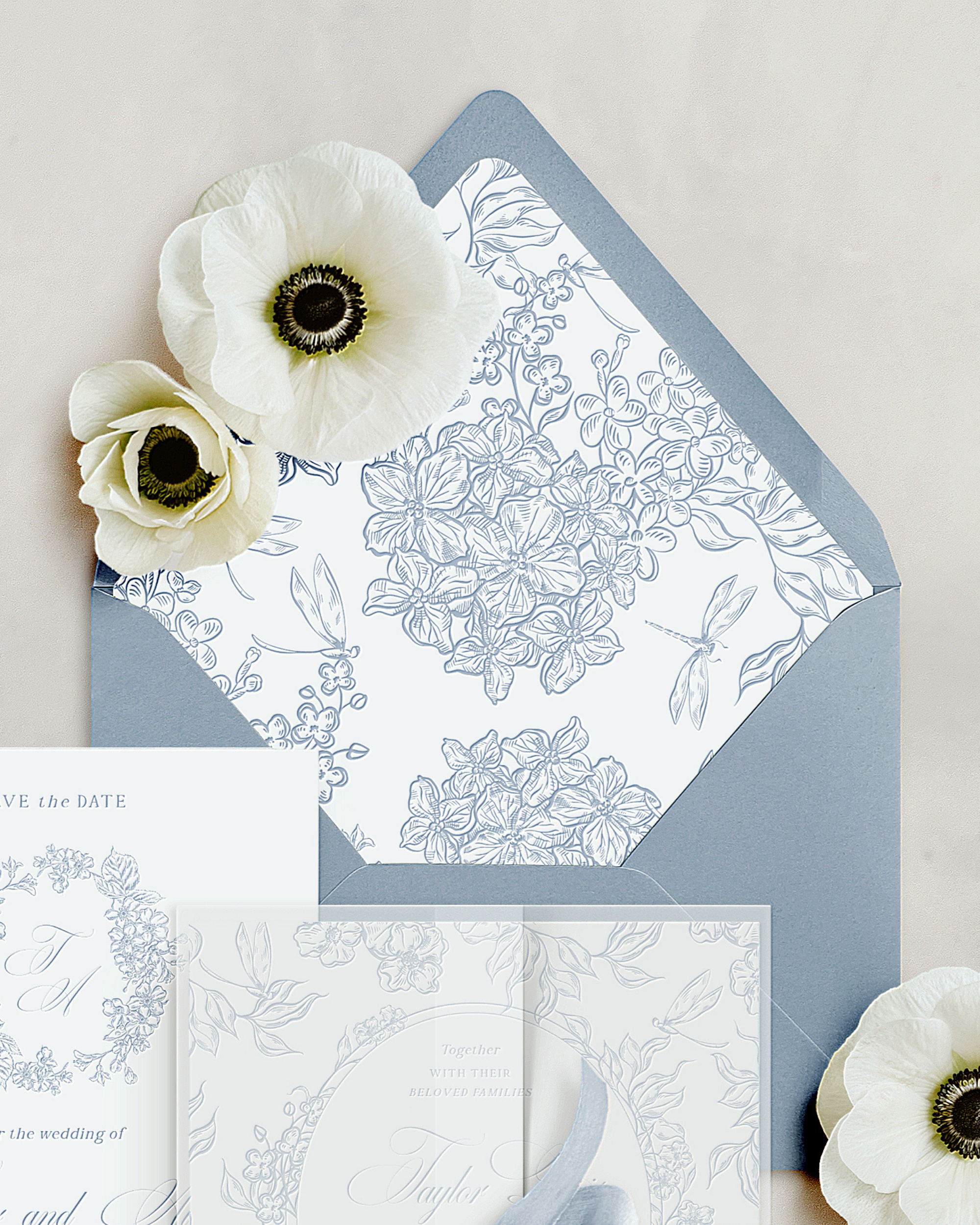 Partecipazioni di Nozze Fiori Vintage Blu Polvere