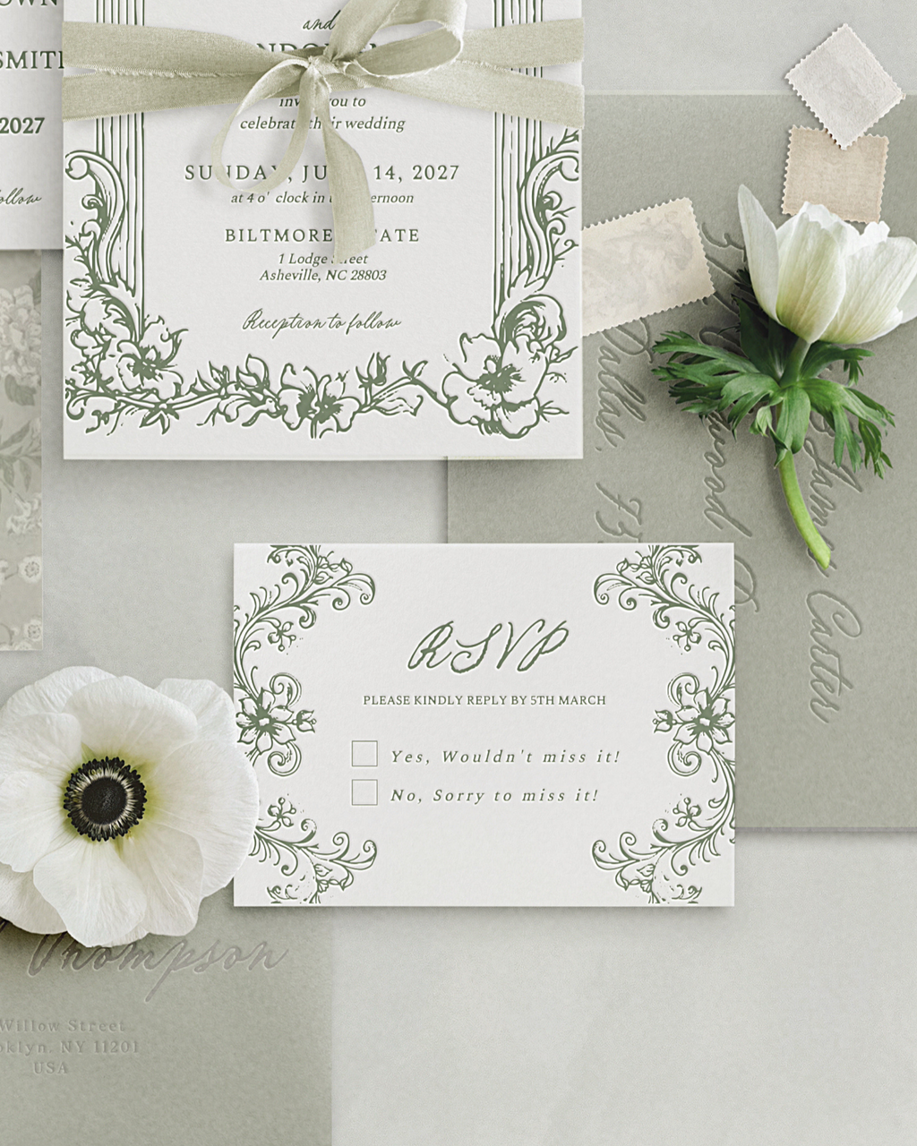Set di inviti di matrimonio Vintage Verde Salvia