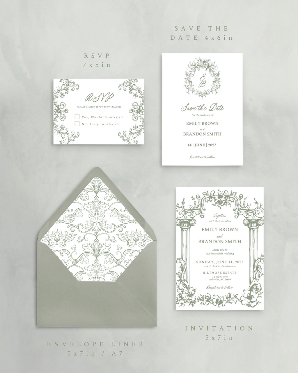 Set di inviti di matrimonio Vintage Verde Salvia