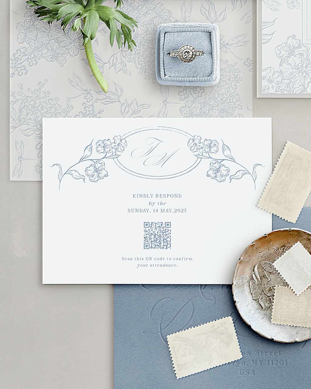 Partecipazioni di Nozze Fiori Vintage Blu Polvere