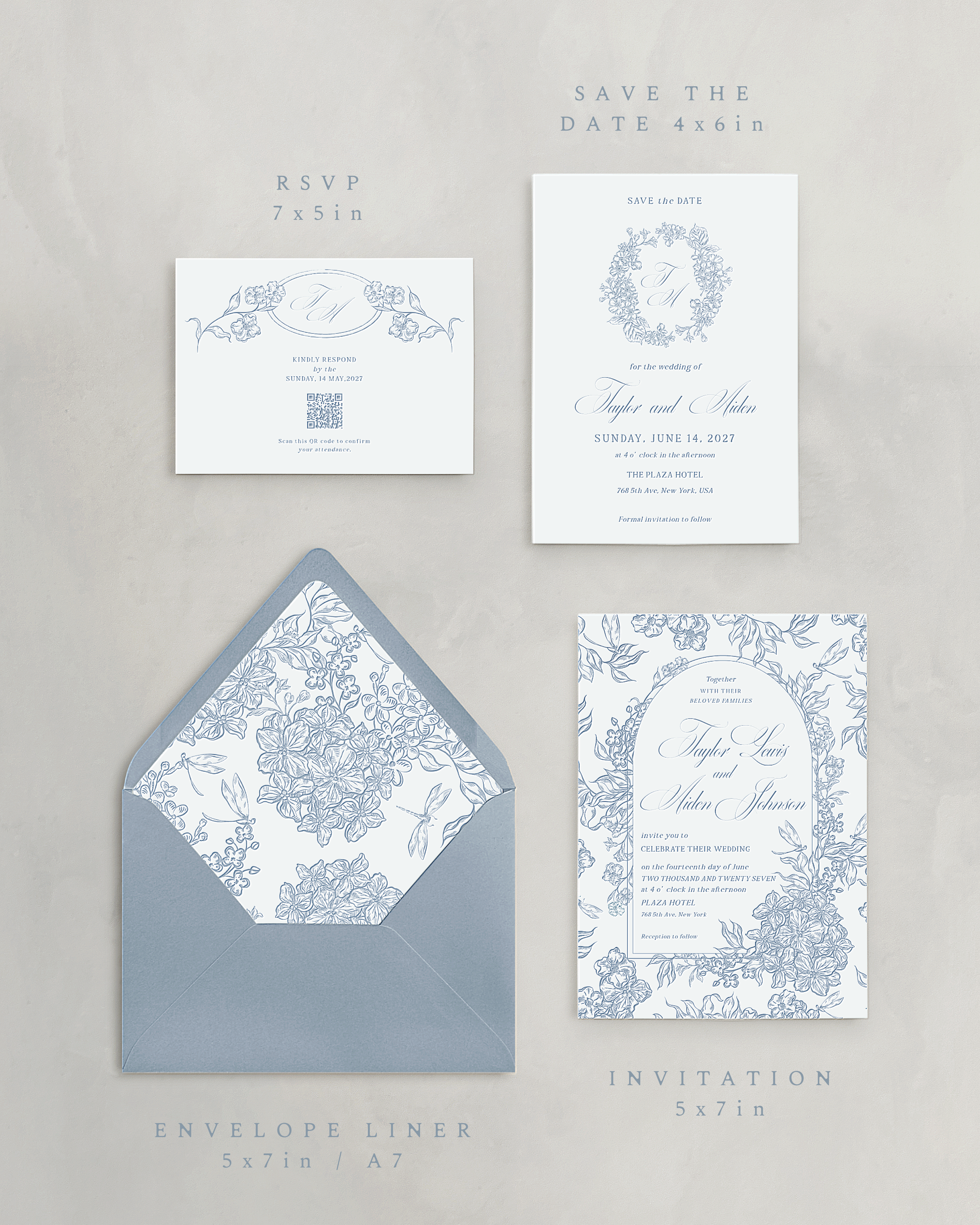 Partecipazioni di Nozze Fiori Vintage Blu Polvere