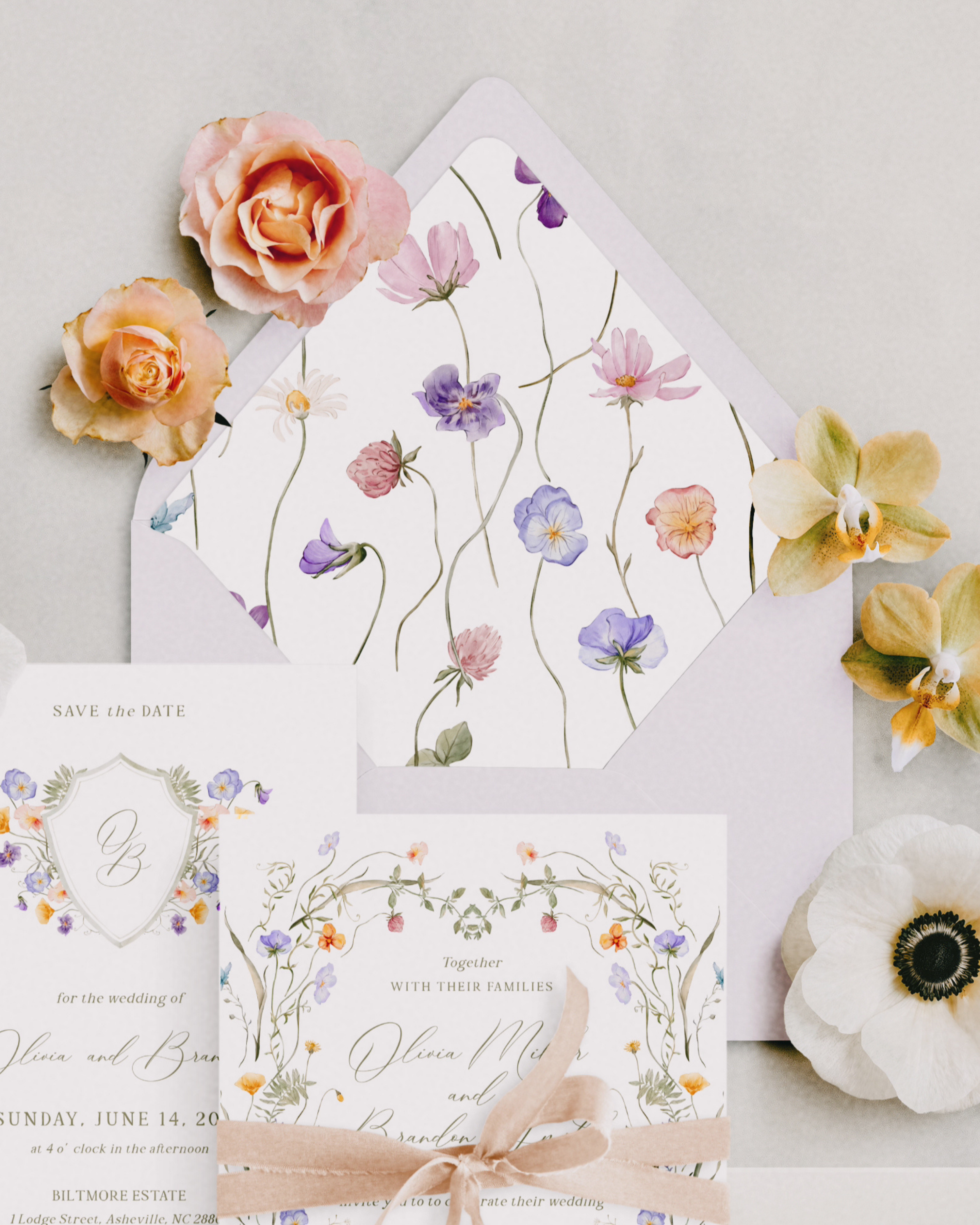 Set di inviti di matrimonio fiori selvatici pastello