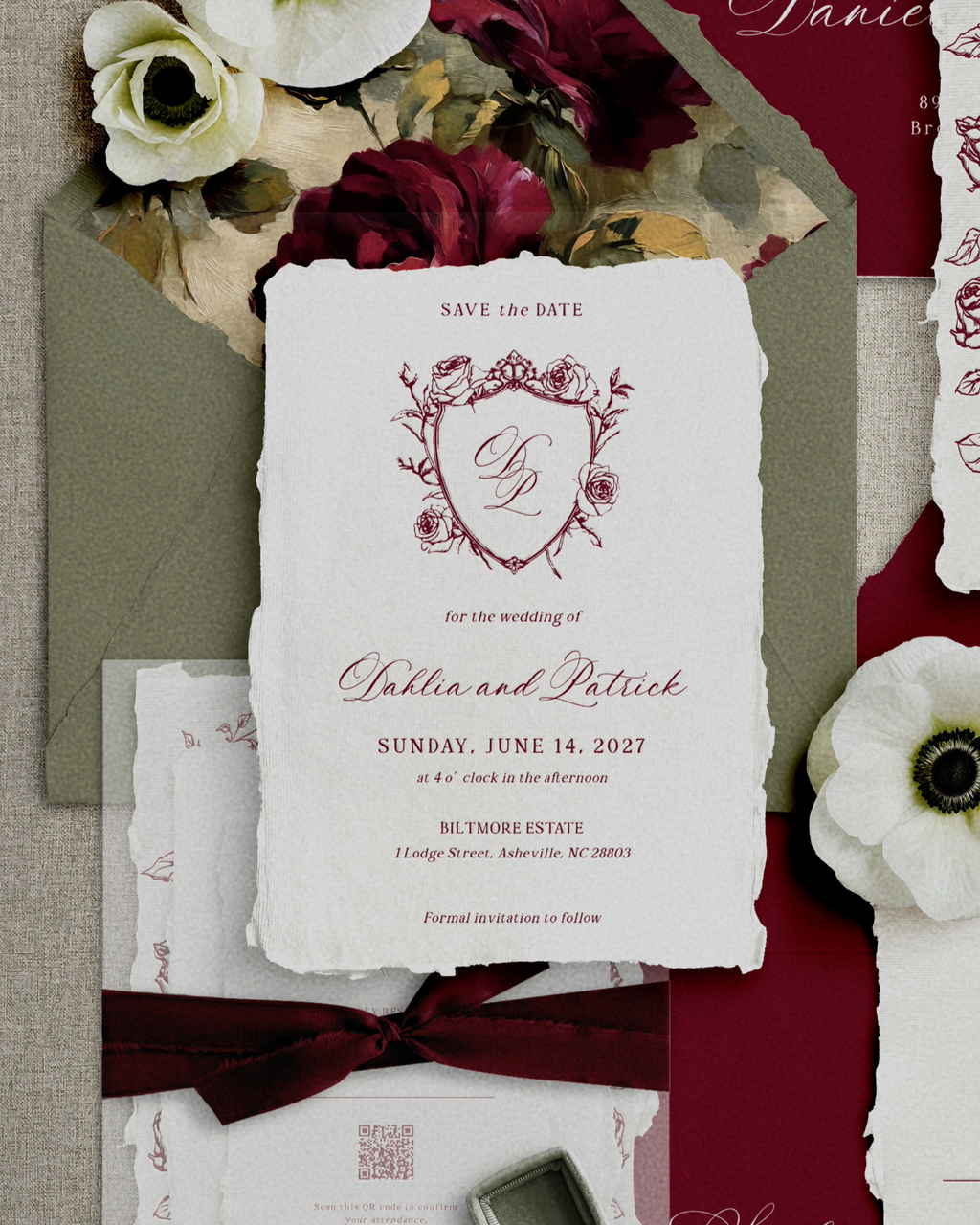 Set di inviti di matrimonio Burgundy Vintage