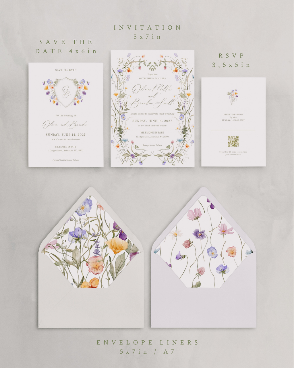 Set di inviti di matrimonio fiori selvatici pastello