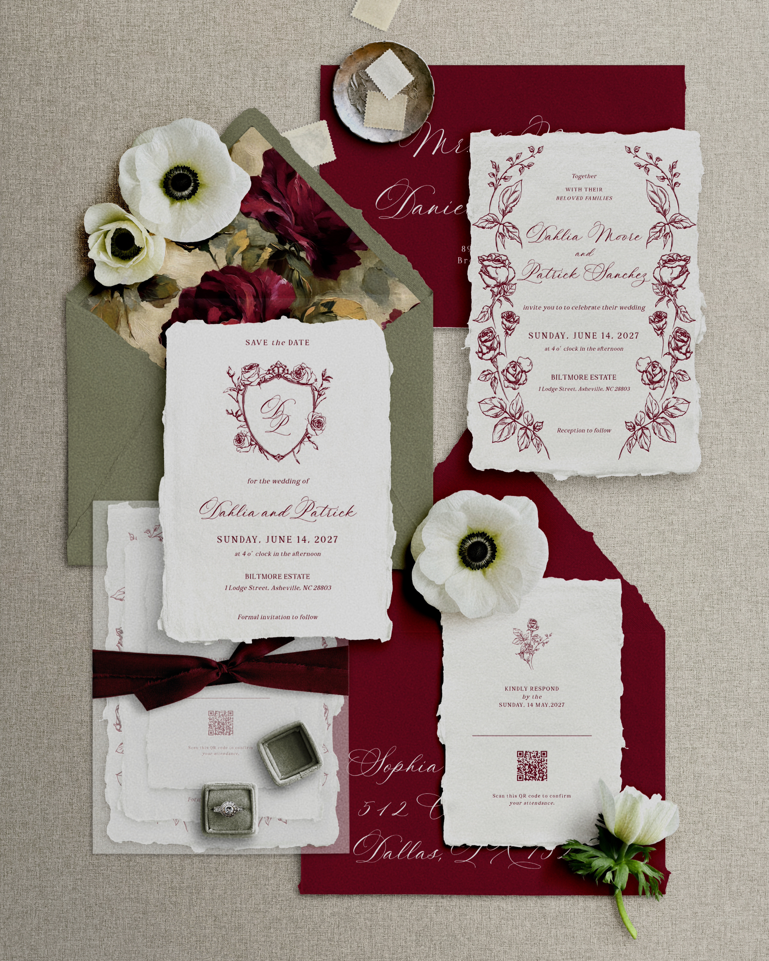 Set di inviti di matrimonio Burgundy Vintage