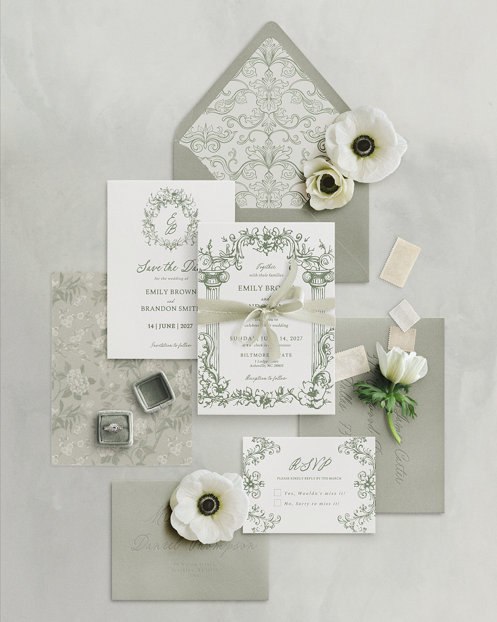 Set di inviti di matrimonio Vintage Verde Salvia