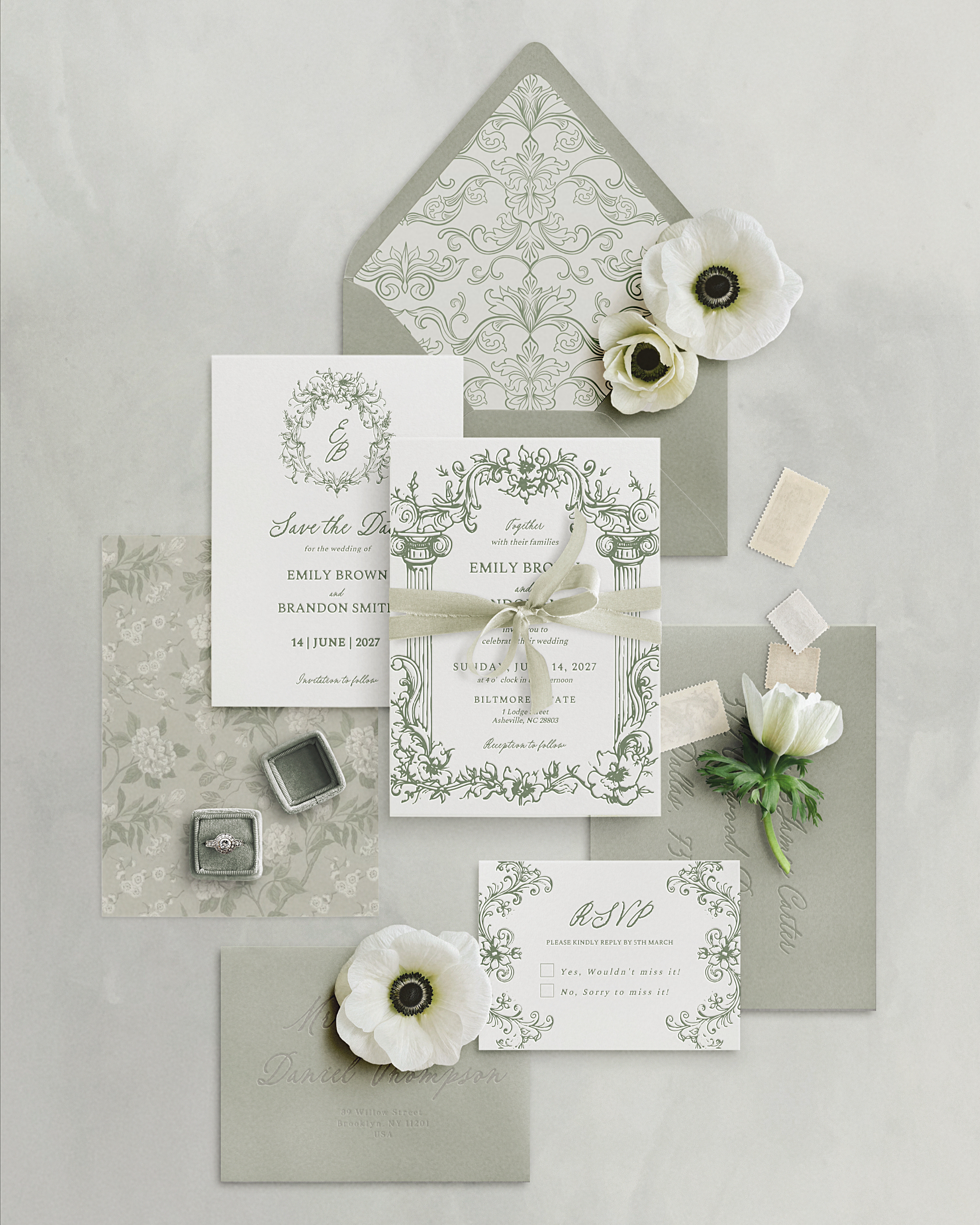 Set di inviti di matrimonio Vintage Verde Salvia